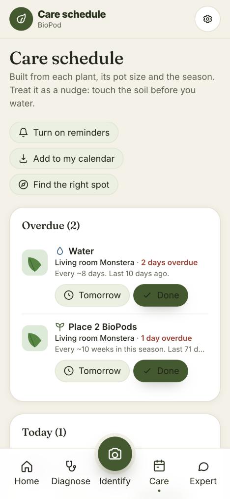 The app's care schedule with overdue and upcoming tasks