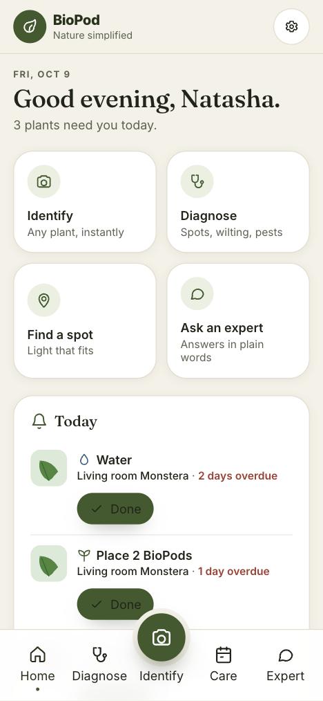 The BioPod app home screen with today's watering and feeding tasks