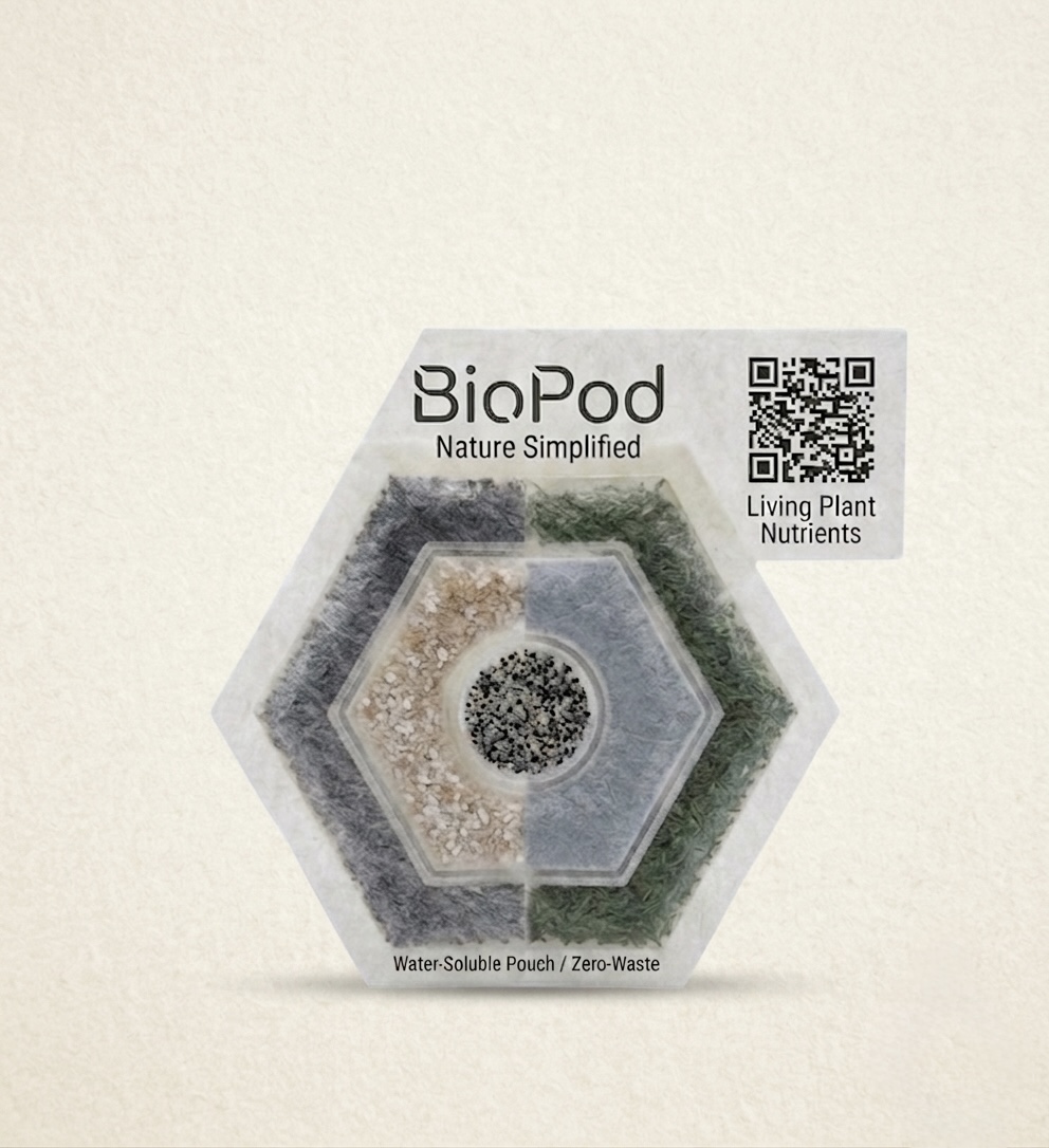 A BioPod pod with its label, showing the compartments inside
